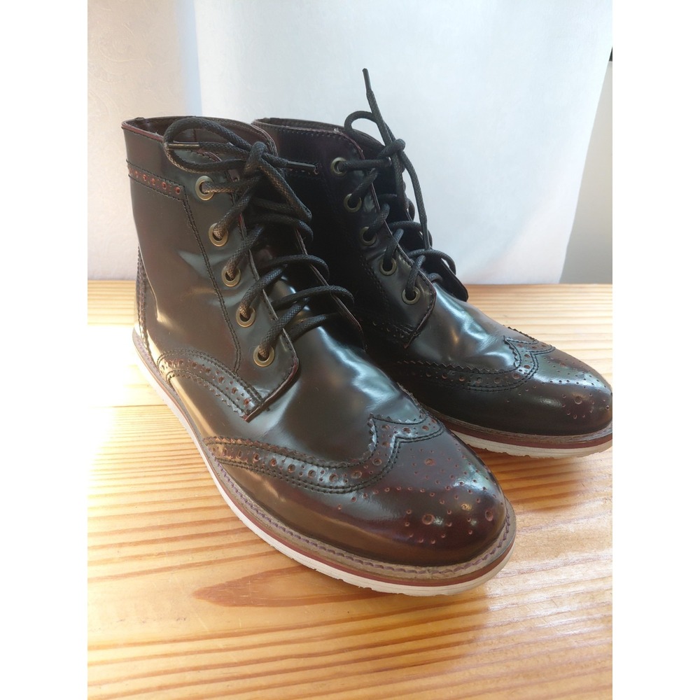Crevo Men's Wingtip Brogue Boots Sz 9.5 Oxblood Burnished Leather Lace Up Ankle
